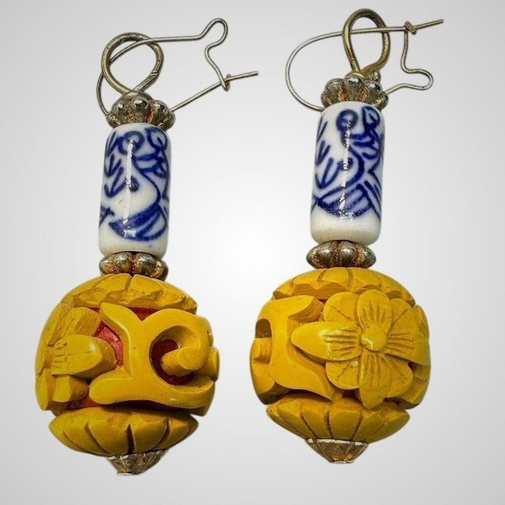 Hand Carved Yellow Resin and Porcelain Earrings Pierced Asian Inspired Boho